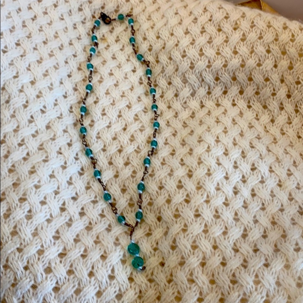 VTG hand made brass wire aqua bead necklace